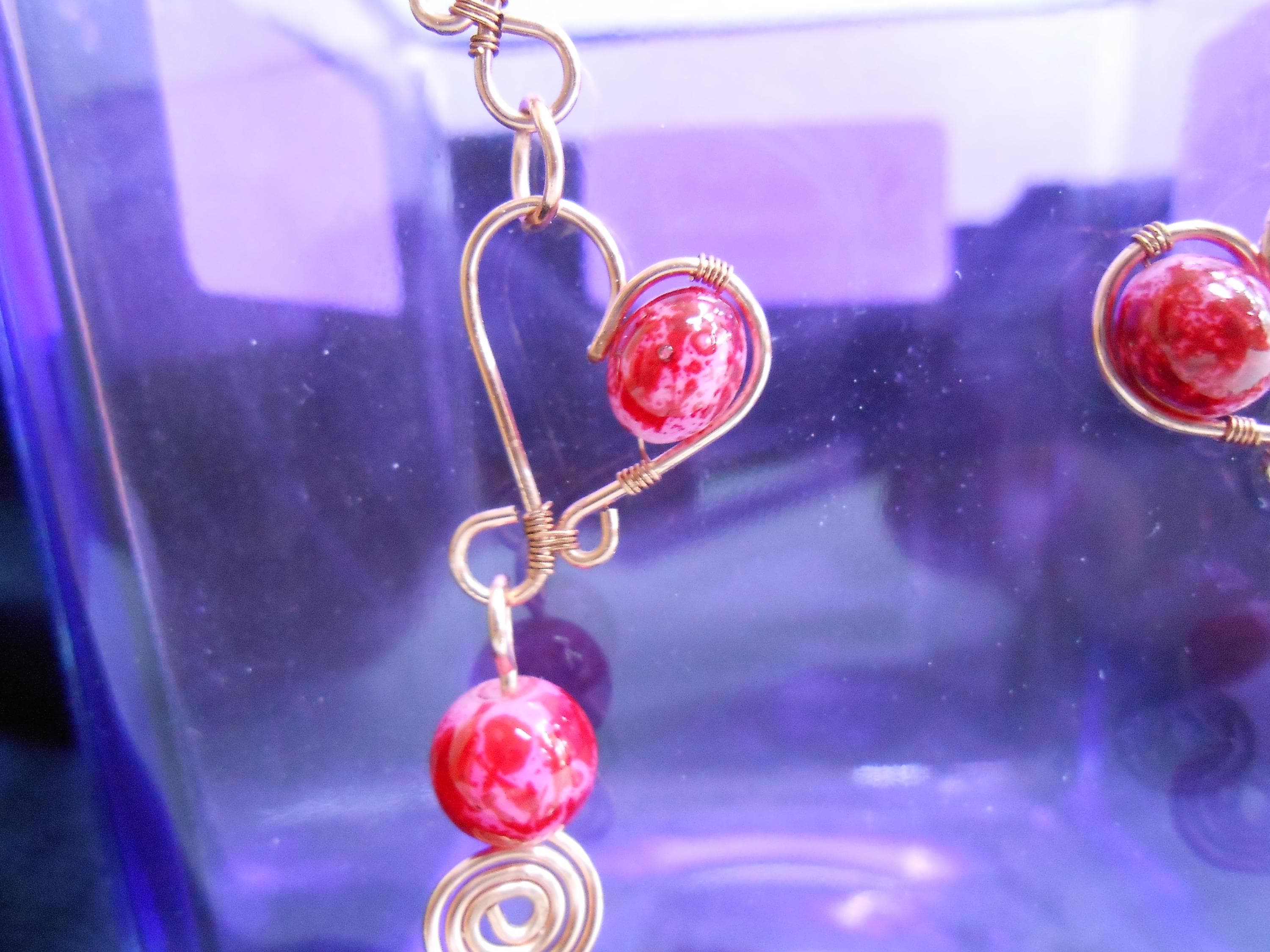 Copper Wire Heart Earrings with Red Glass Beads
